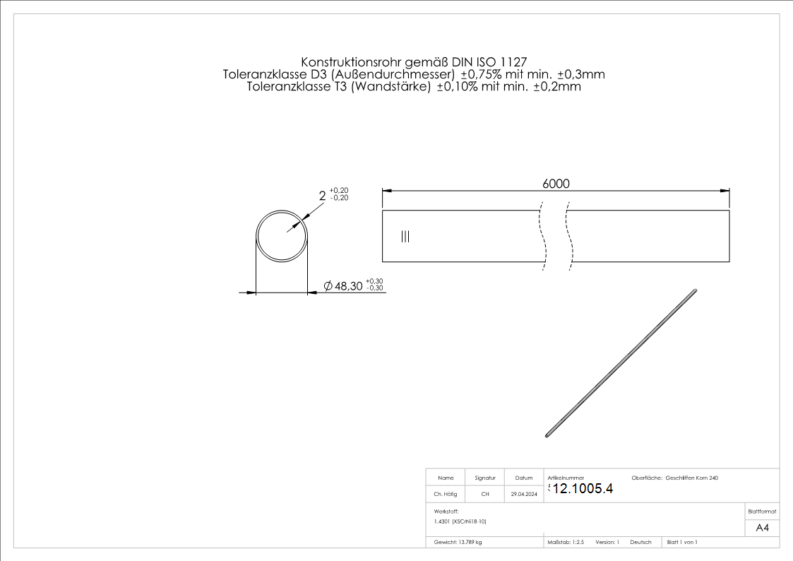 Rundrohr Ø 48-3x2-0 mm V2A á 6 m Edelstahl-12-1005.4