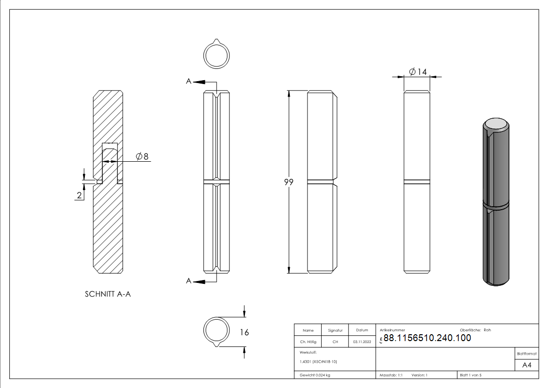 Anschweissband Edelstahl V2A L = 100 mm- Ø 14 mm- Bolzen Ø 8 mm- fester Stift-88-1156510-240.100