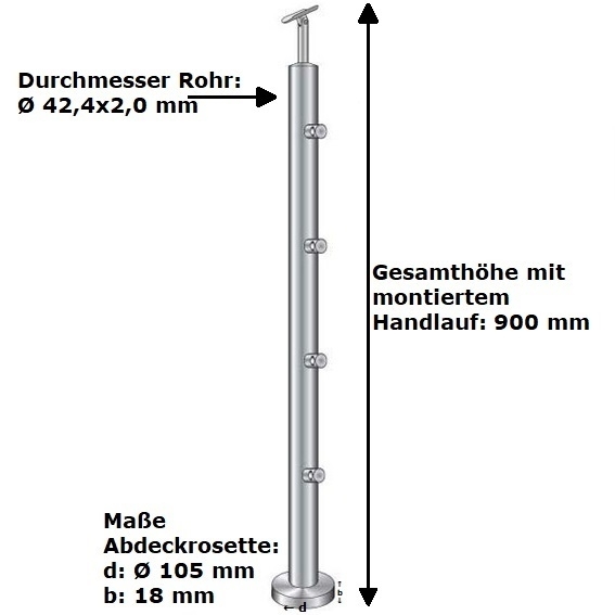 Gelaenderpfosten Edelstahl 900mm D42-4mm Top-Montage 4x Fuellstabhalter d12mm Glanz-14-0073RR-A.4