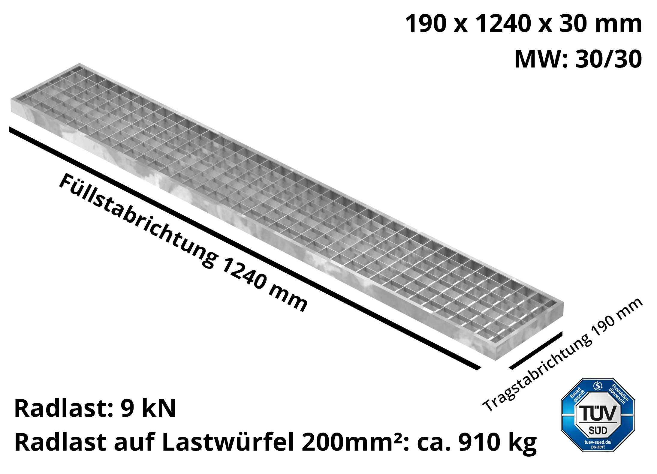 Garagen-Gitterrost - Masse-  190x1240x30 mm 30-30 mm - aus S235JR -St37-2- im Vollbad feuerverzinkt-23-191243030.7