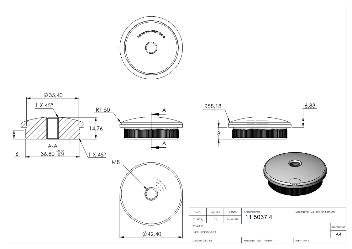 Rohrabschlussstopfen V2A fuer Rohr Ø 42-4x3-0 mm- M8 Gewinde- gewoelbt-11-5037.4