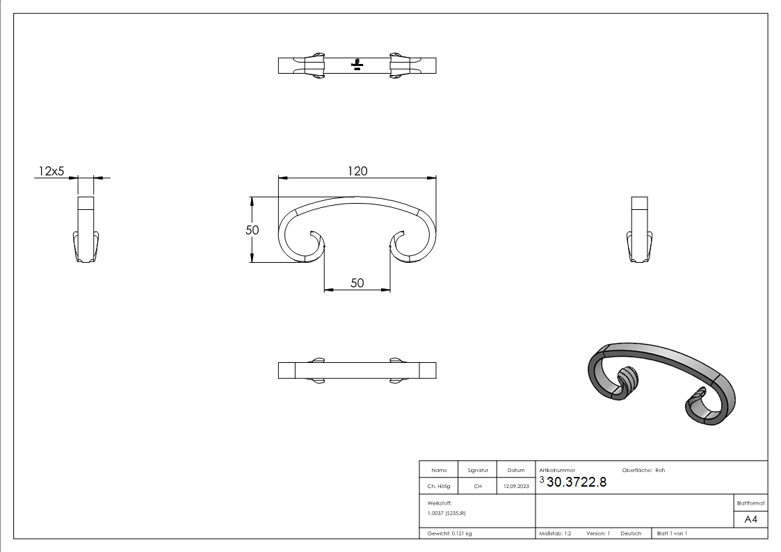 C-Schnecke - Masse- 60x120 mm - Material- 12x5 mm - Stahl S235JR- roh-30-3722.8