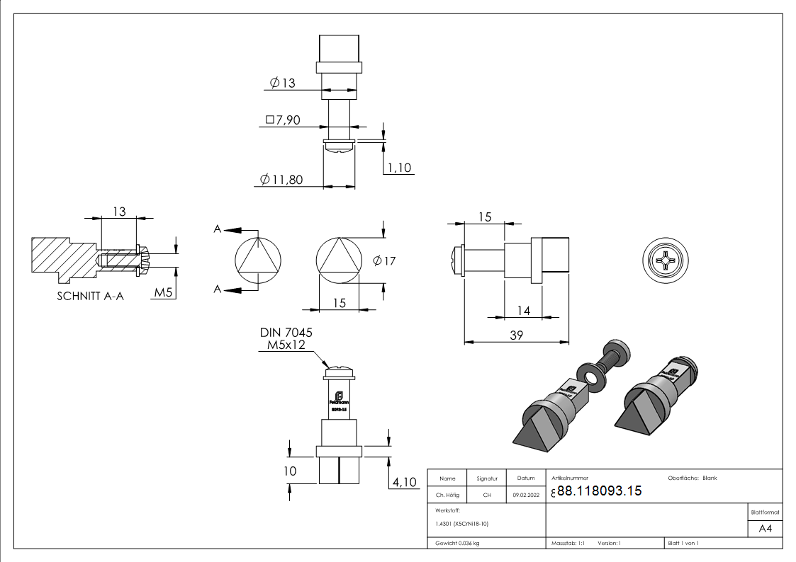Spezialstift Edelstahl V2A Dreikant 15 mm mit Befestigungsschraube M5-88-118093.15