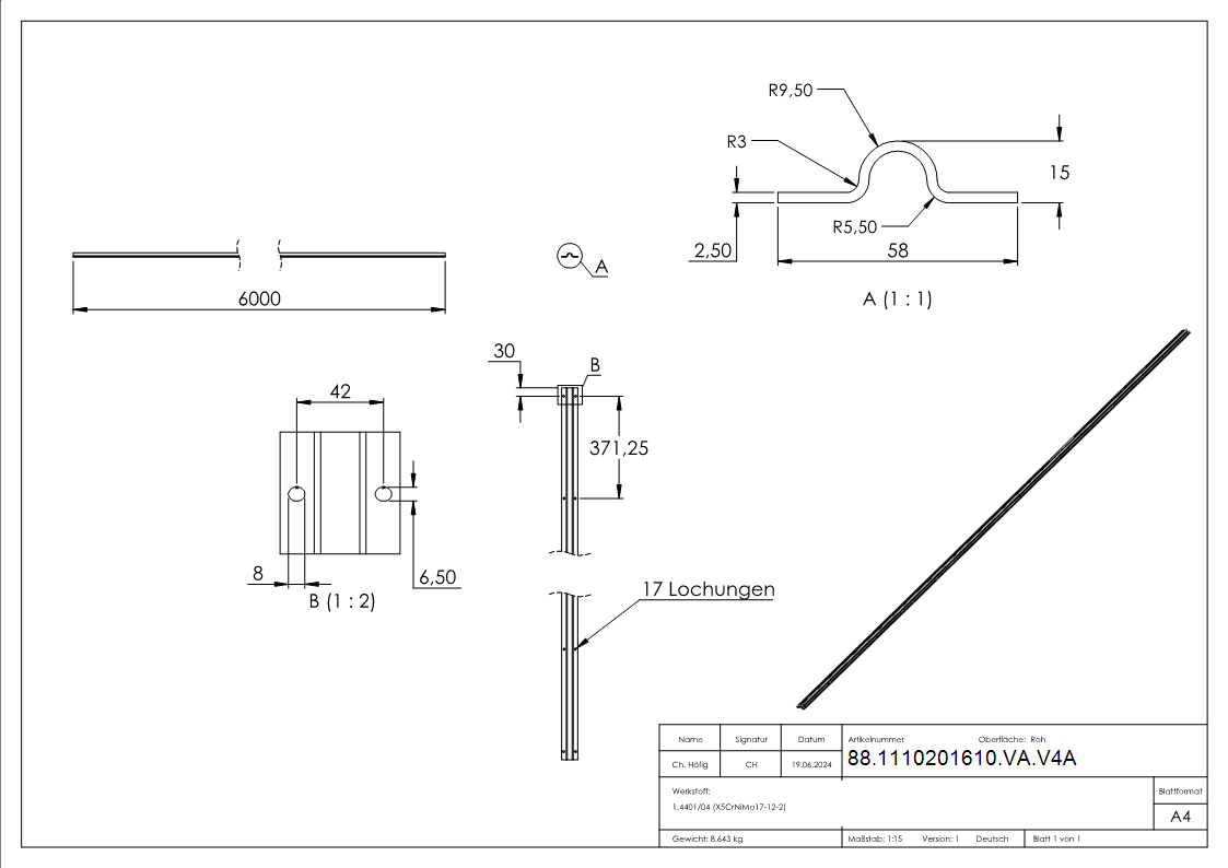 Laufschiene Edelstahl V4A Ø 19 mm- L 6000 mm zum Aufschrauben-88-1110201610-VA.V4A