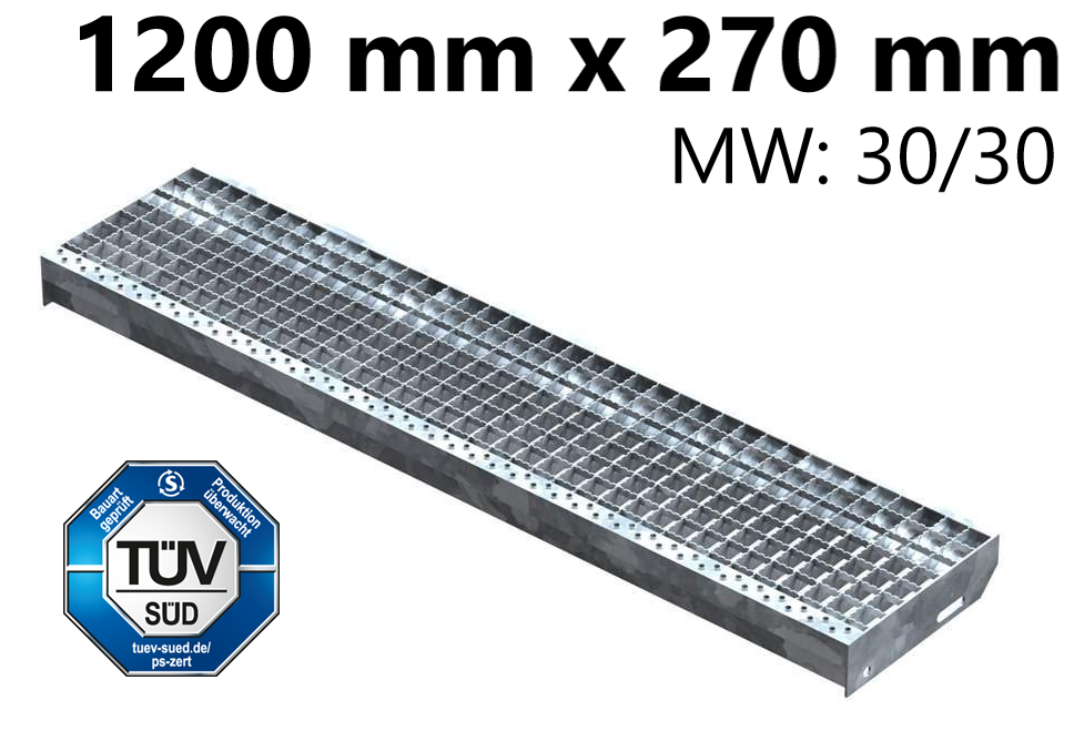 Gitterroststufe Treppenstufe Masse- 1200x270 mm 30-30 mm R13 S235JR -St37-2- im Vollbad feuerverzinkt-40-1202730.7R13