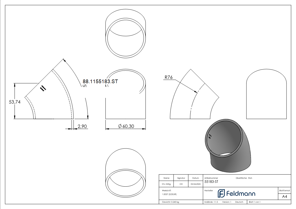 Rohrbogen 45° Stahl roh - 60-3 x 2-9 mm -2- - Bauart 3-88-1155183.ST