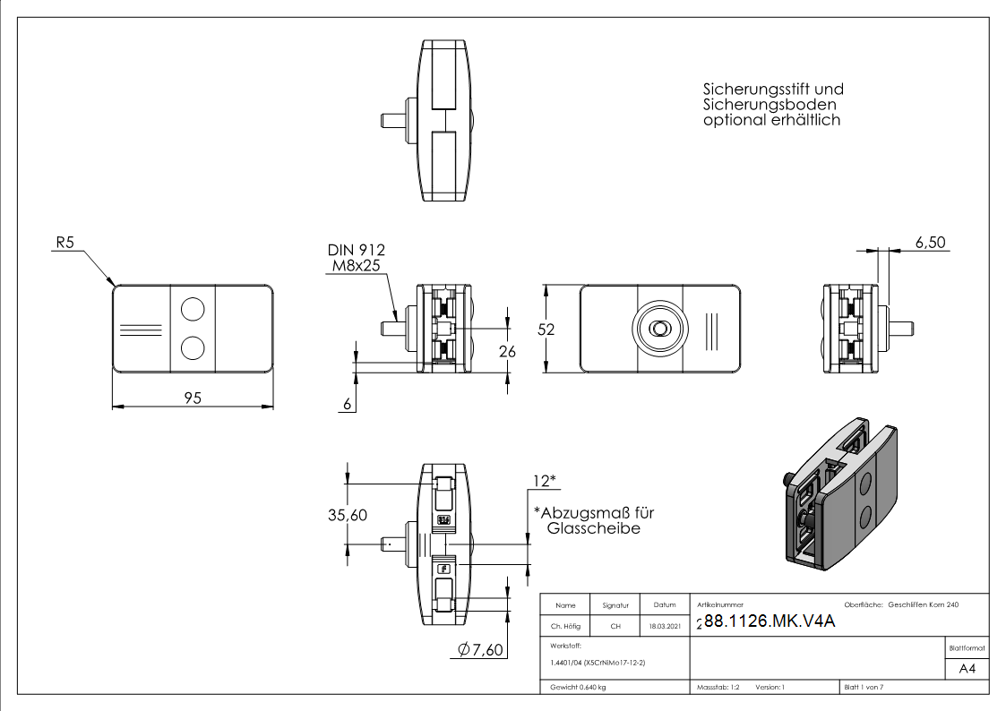 Sichtschutz Mittelglasklemme Mod- 26- in V4A-88-1126-MK.V4A