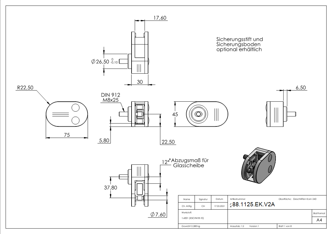 Sichtschutz Endglasklemme Mod- 25- in V2A-88-1125-EK.V2A