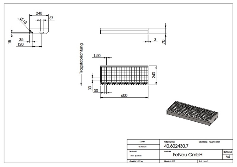 Gitterroststufe Treppenstufe Masse- 600x240 mm 30-30 mm S235JR -St37-2- im Vollbad feuerverzinkt-40-602430.7