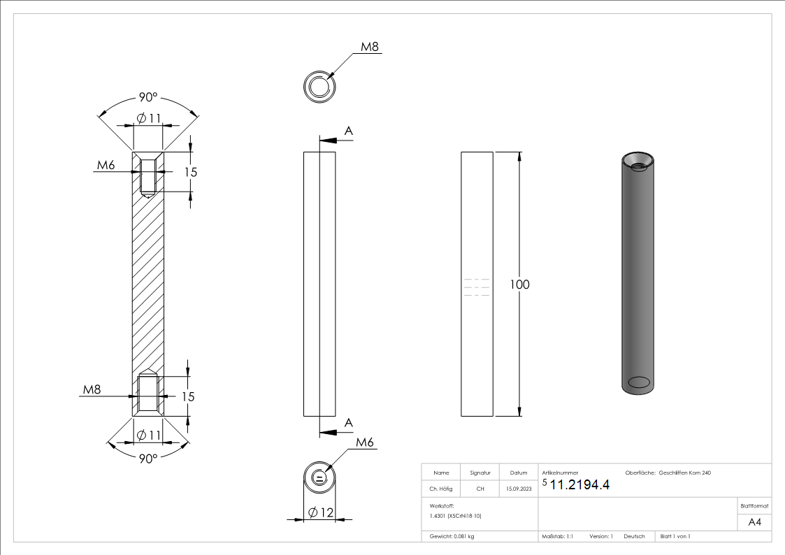 Edelstahl Traegerstift Ø 12 x 100 mm - Kombi-Innengewinde M6-M8 -V2A-11-2194.4