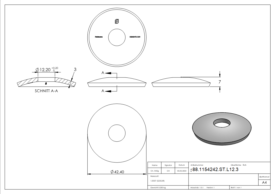 Rosette Stahl Ø 42-4 mm Loch Ø 12-2 mm 3 mm mit Mittelbohrung-88-1154242-ST-L12.3