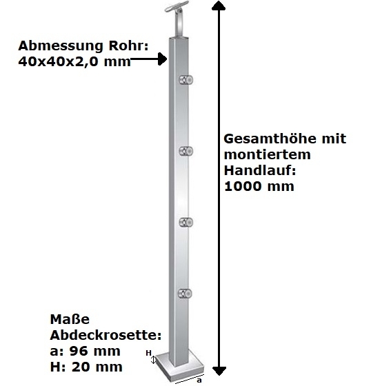 Gelaenderpfosten V2A 900 mm hoch 40x40 mm Topmontage fuer Treppe 5 Fuellstabhalter Ø12 mm-14-0081ER-A.4