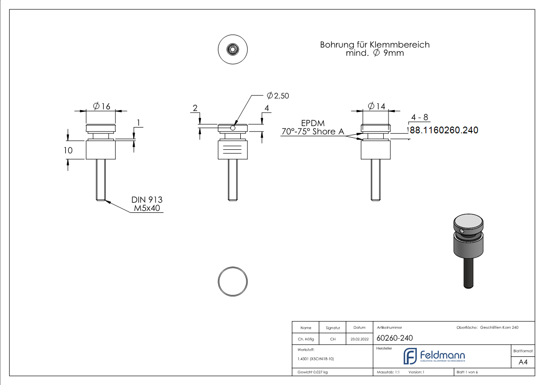 Glaspunkthalter Ø 16 mm- V2A- Anschluss- Flach- inkl- Gewindestift -Schilderhalter-88-1160260.240