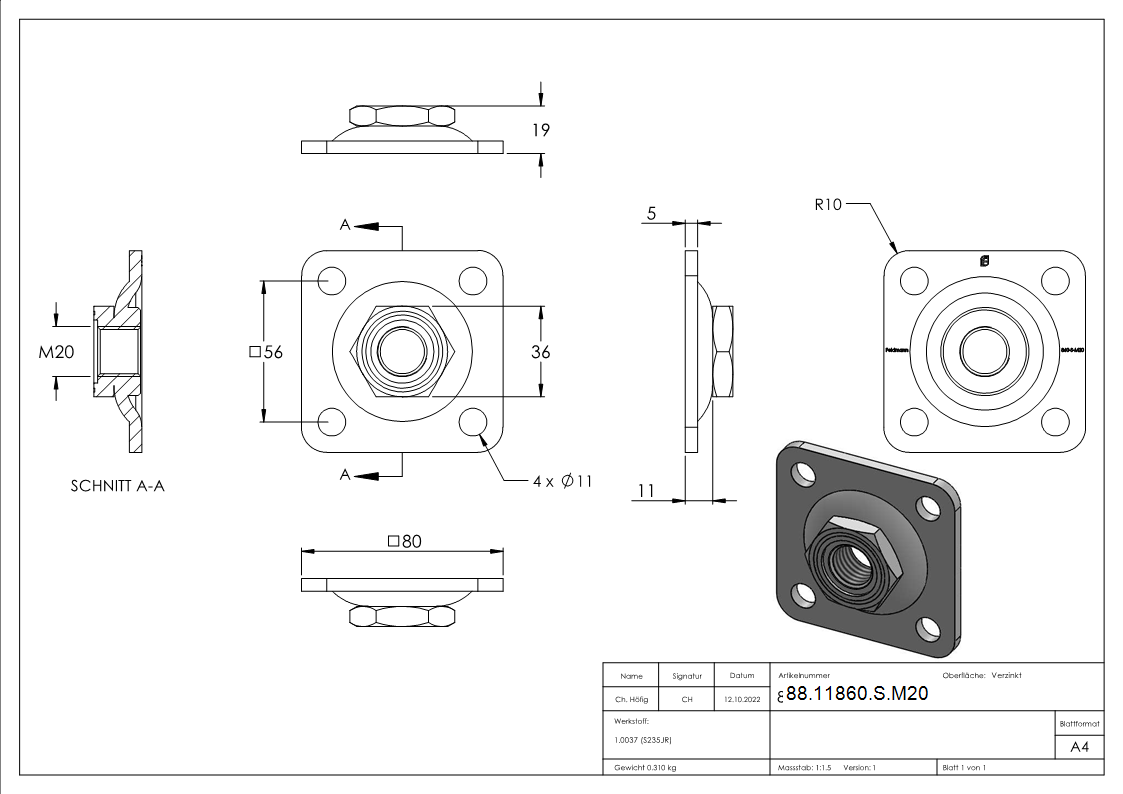 Verstellbare Mauerplatte fuer M20- verzinkt-88-11860-S.M20