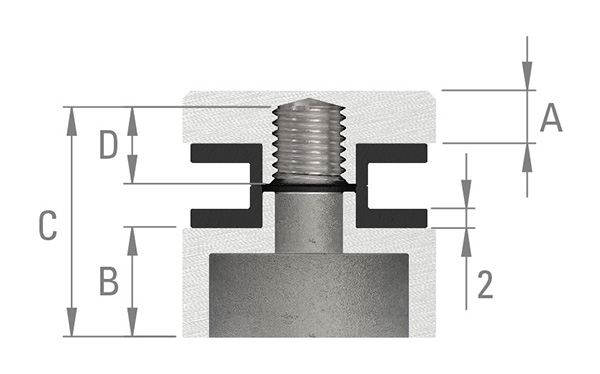 Glaspunkthalter V2A Ø 30 mm flach Klemmbereich 6-12-76 mm Gewinde M8 inkl- Gummi-10-5000.4