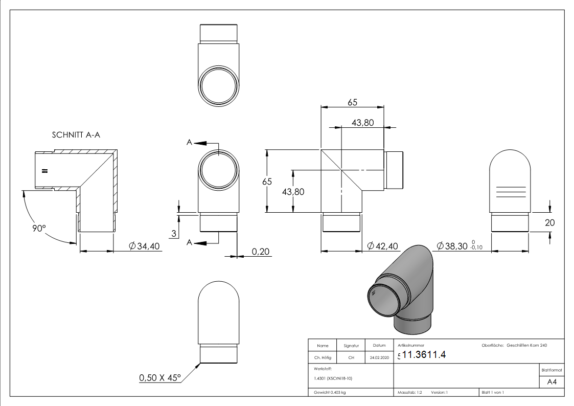 Steck-Eckstueck V2A fuer Rohr Ø 42-4 x 2-0 mm 90°-11-3611.4