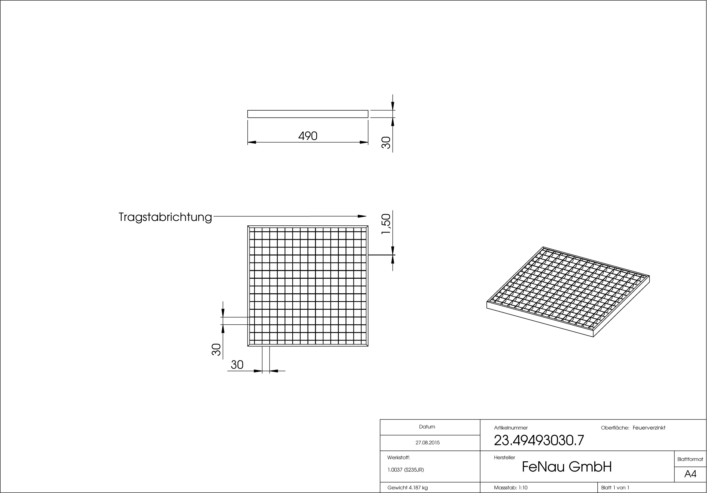 Garagen-Gitterrost - Masse-  490x490x30 mm 30-30 mm - aus S235JR -St37-2- im Vollbad feuerverzinkt-23-49493030.7