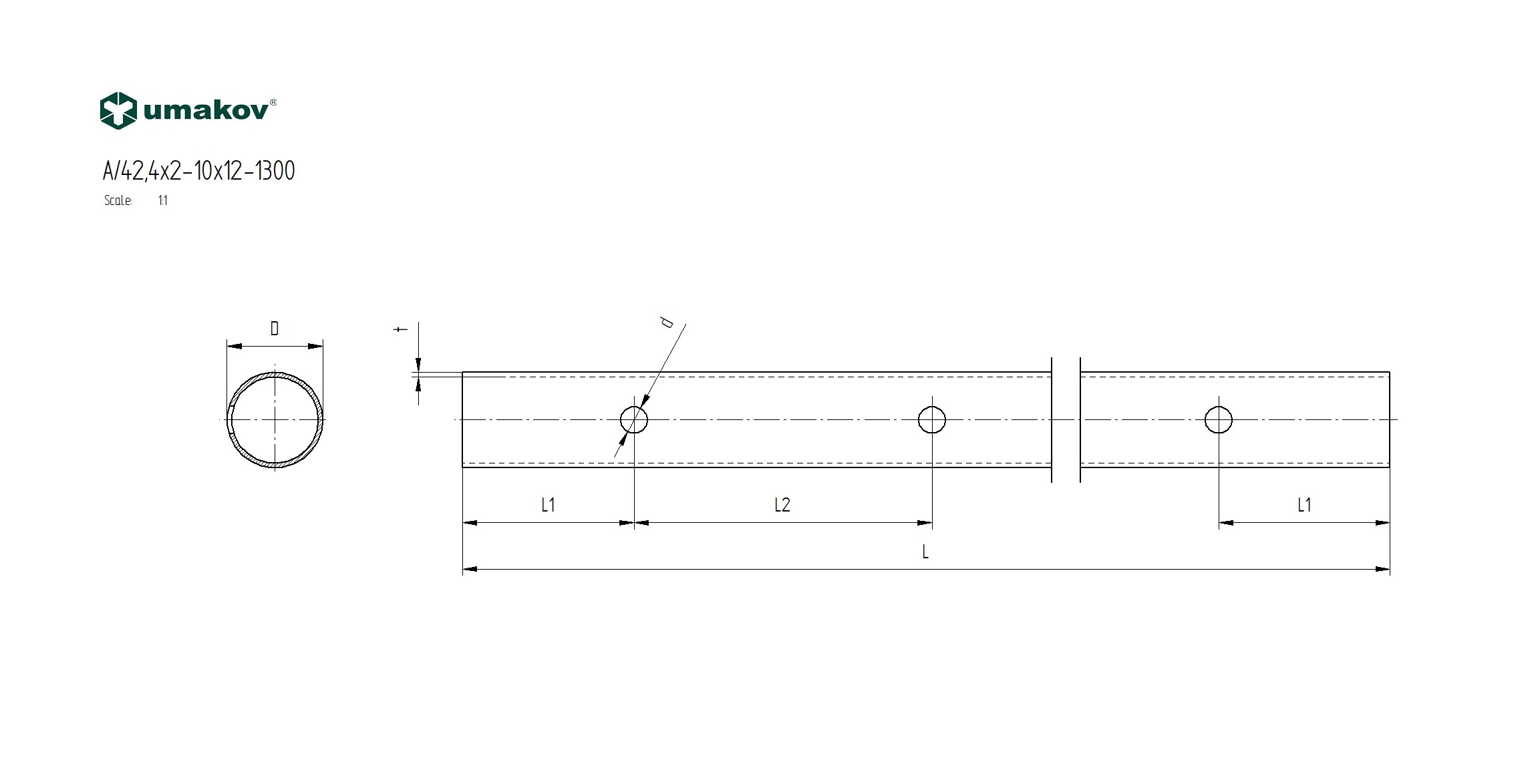 Gelaenderpfosten Edelstahl AISI 304 D42-4x2 mm 1300 mm geschliffen mit Bohrungen-89-11A424X210X121300-A.4