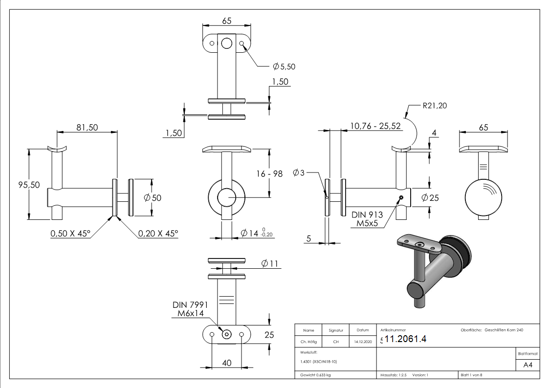 Handlaufhalter Glas V2A Rohr 42-4 mm Wandabstand 82 mm mit Halteplatte-11-2061.4