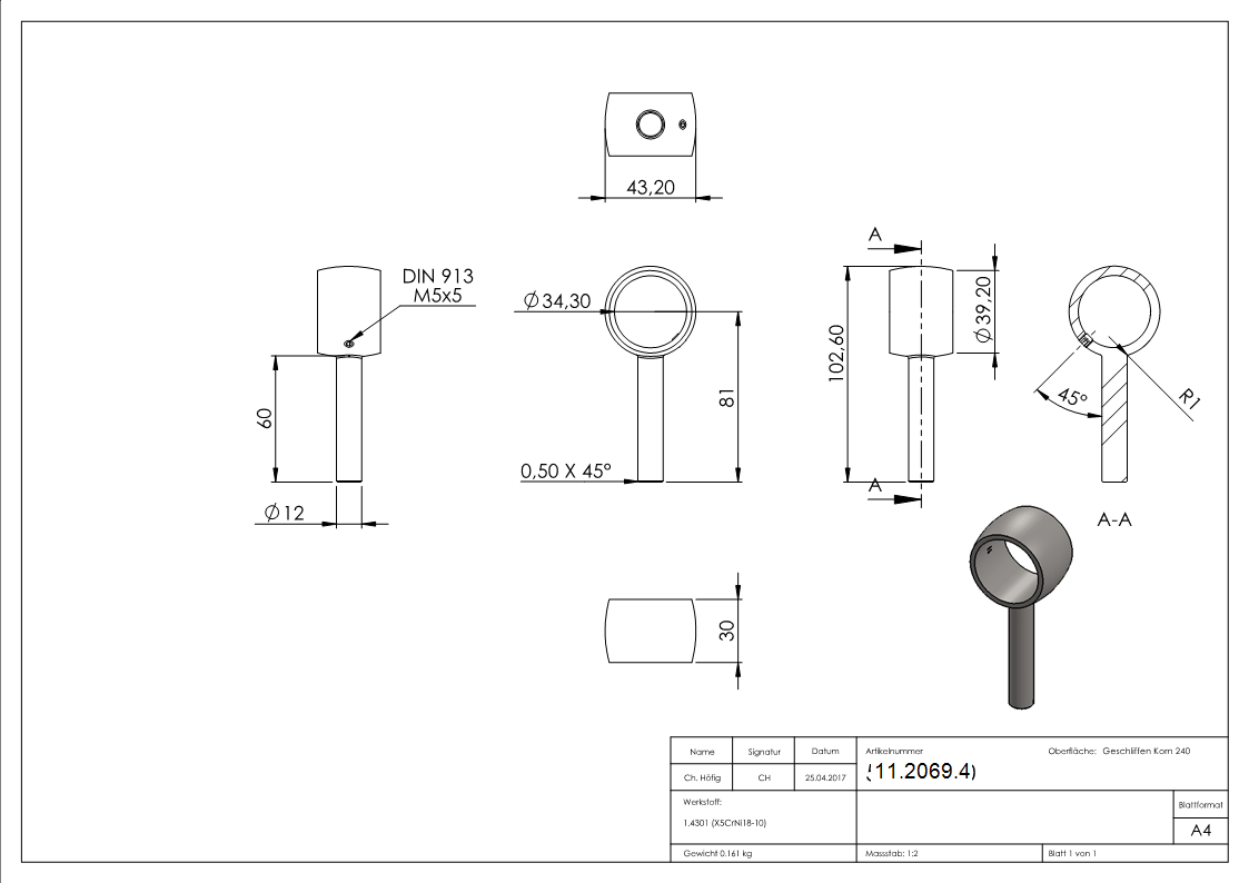 Handlaufhalter V2A fuer Rohr Ø 33-7 mm mit Steckstueck-11-2069.4