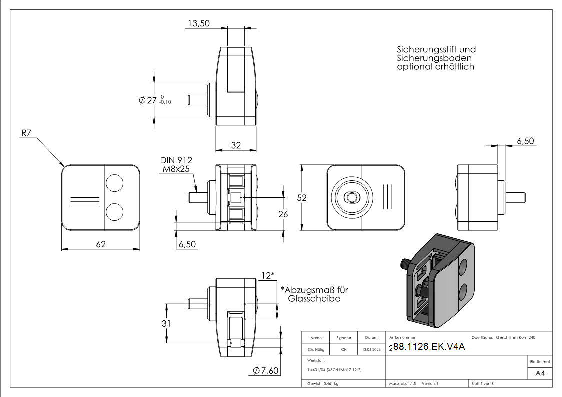 Sichtschutz Endglasklemme Mod- 26- in V4A-88-1126-EK.V4A