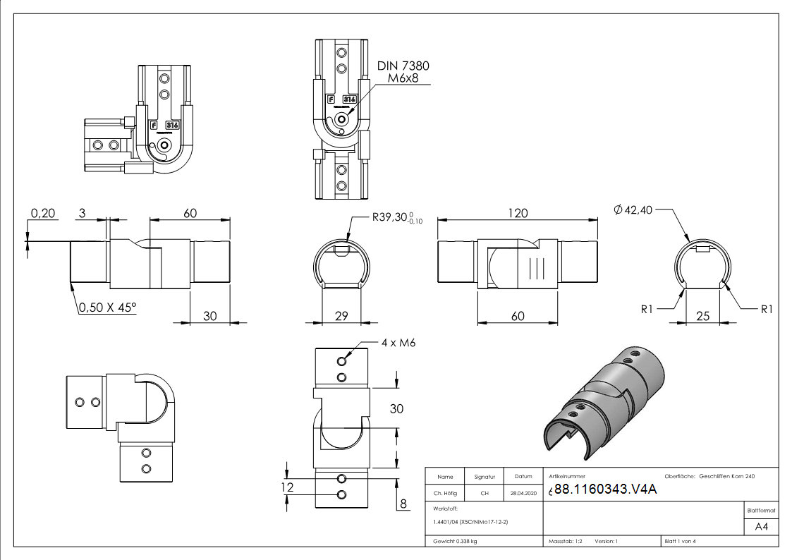 Gelenkverbinder Edelstahl V4A fuer Nutrohr Ø 42-4 mm 90-180° verstellbar-88-1160343.V4A