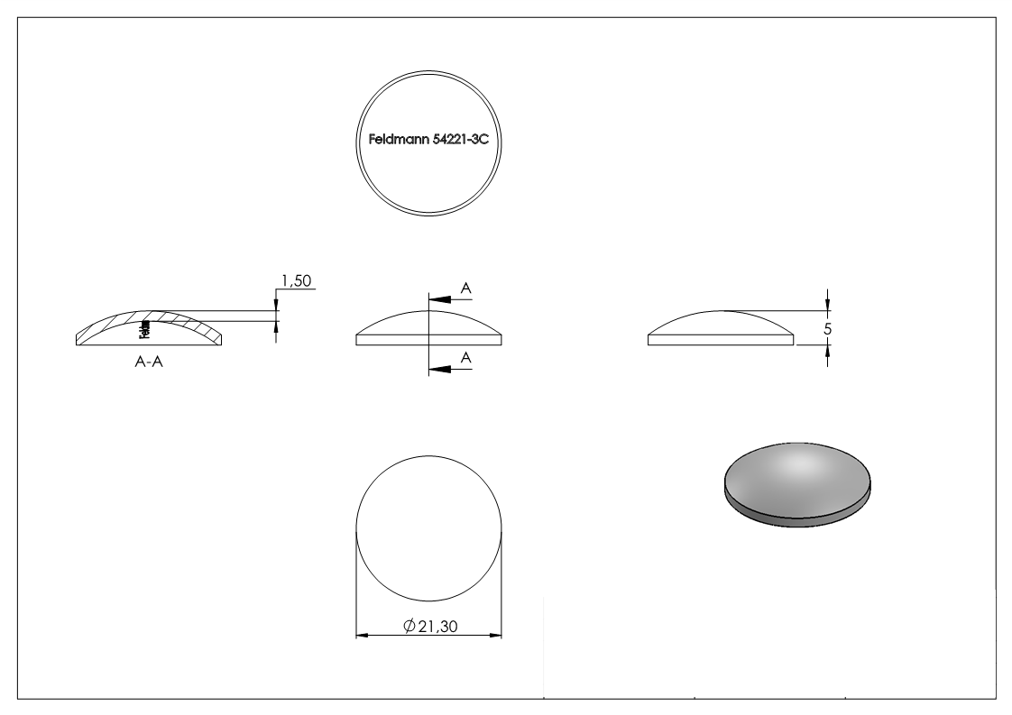 Kloepperboden Ø 21-3 mm - 60 mm gewoelbt ungeschliffen V2A-11.2313