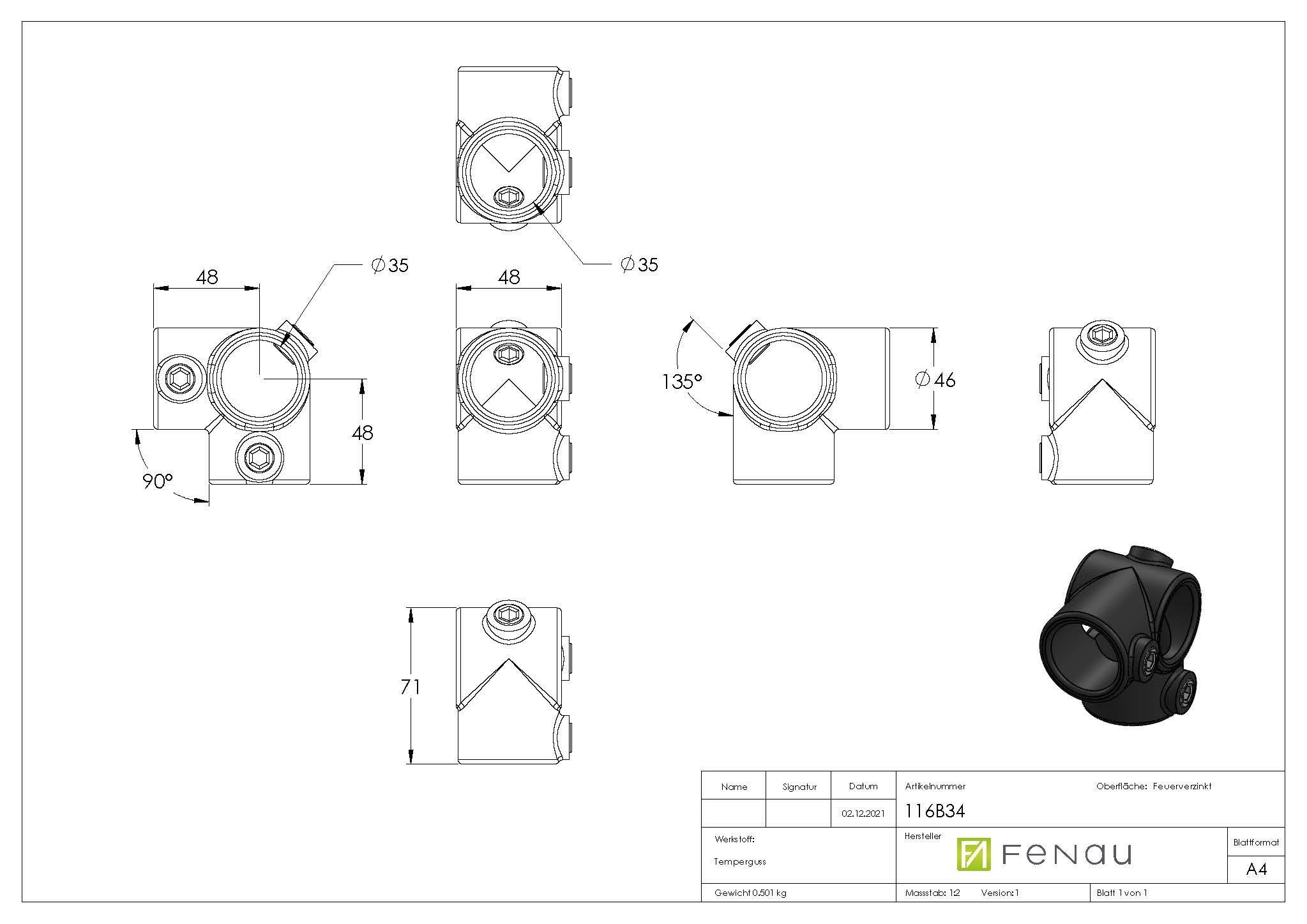 Rohrverbinder - Eckstueck durchgehend - 116B34 - 33-7 mm - 1- - Feuerverzinkt u. Elektrogalvanisiert-116B34