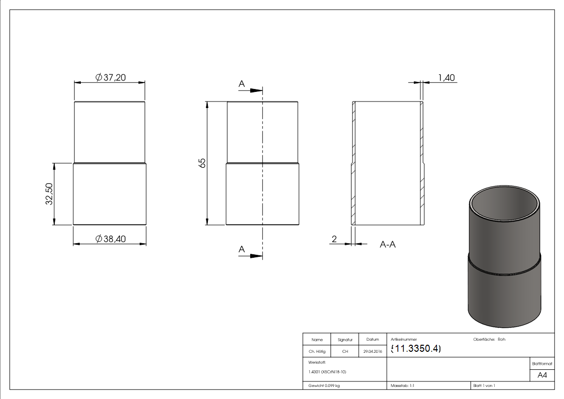 Steckverbinder V2A Ø 42-4 mm- Wandstaerke 2-5 auf 2-0 mm- zum Kleben-11-3350.4