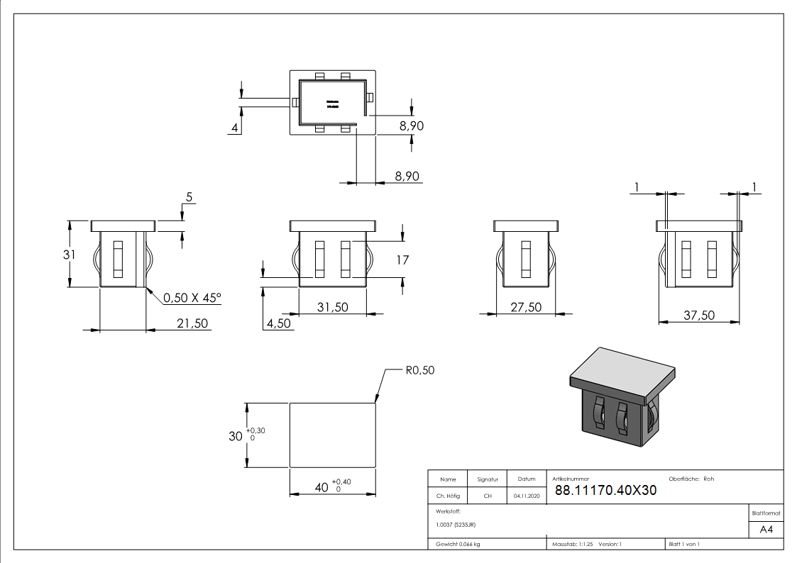 Stahleinschlagkappe roh fuer Rechteckrohr 40x30 mm flach Wandstaerke 2-0-3-0 mm-88-11170.40X30