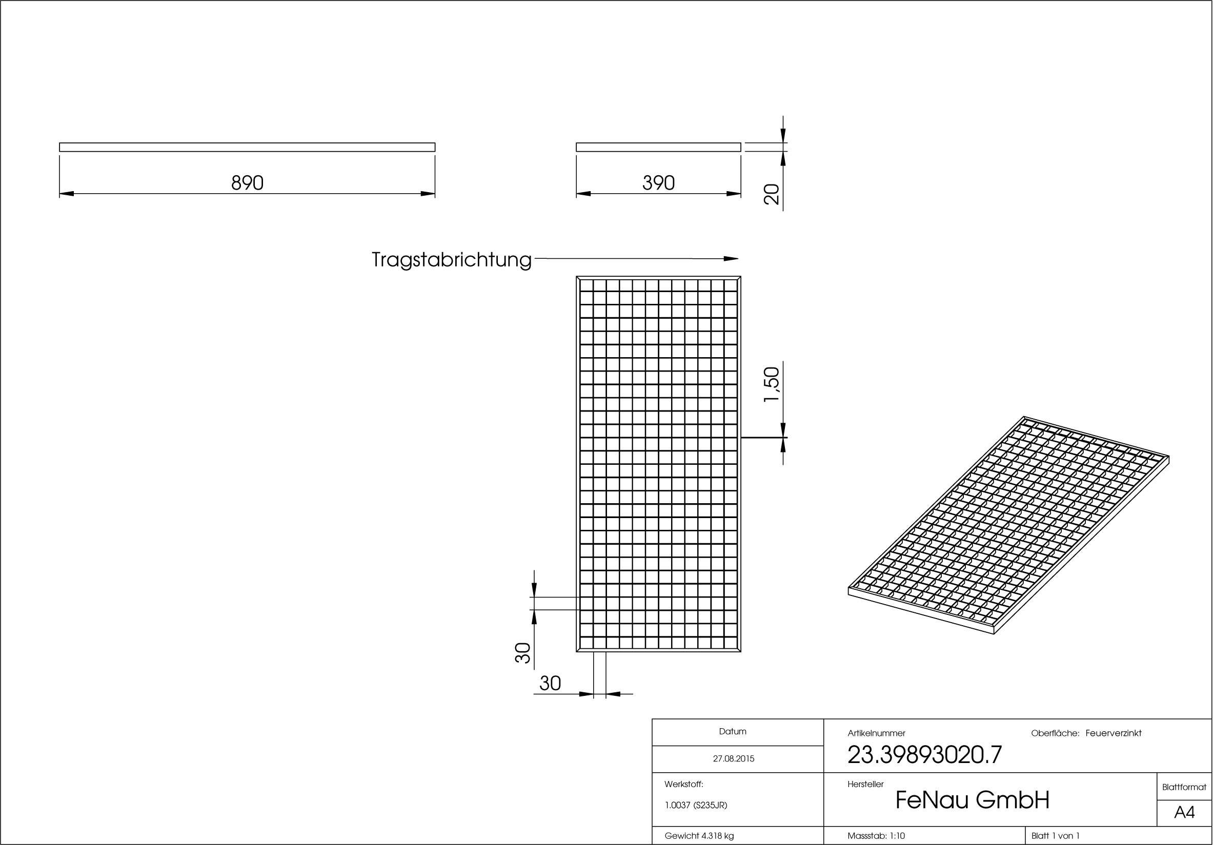 Lichtschachtrost Baunormrost - Masse-  390x890x20 mm 30-30 mm - aus S235JR -St37-2- im Vollbad feuerverzinkt-23-39893020.7