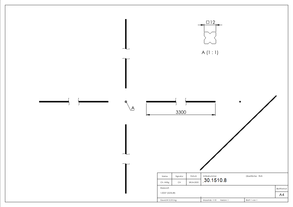 Vierkant - Material- 12x12 mm - Laenge- 3300 mm - Stahl -Roh- S235JR-30-1510.8