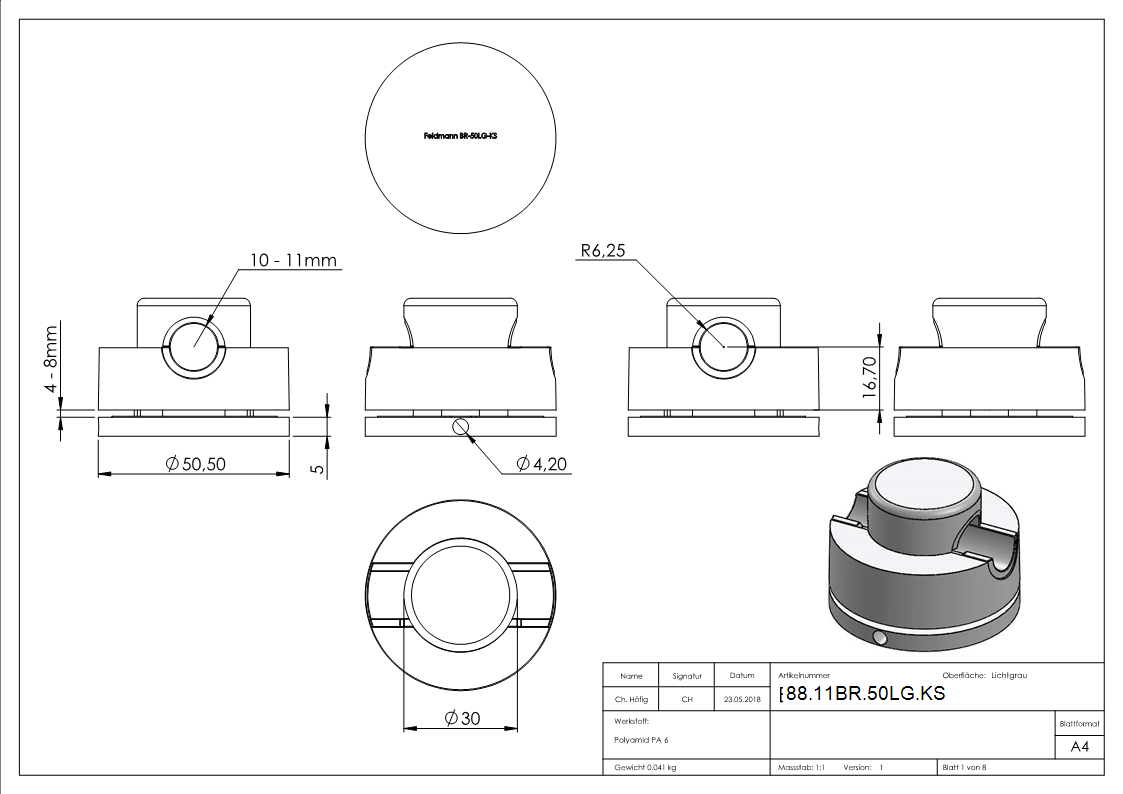 BRENK-fix® Halter Ø 50mm- Kunststoff- lichtgrau 4 Stueck-88-11BR-50LG.KS