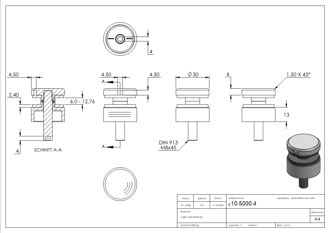 Glaspunkthalter V2A Ø 30 mm flach Klemmbereich 6-12-76 mm Gewinde M8 inkl- Gummi-10-5000.4
