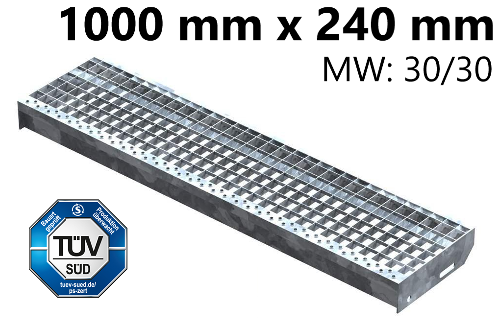 Gitterroststufe Treppenstufe Masse- 1000x240 mm 30-30 mm S235JR -St37-2- im Vollbad feuerverzinkt-40-1002430.7