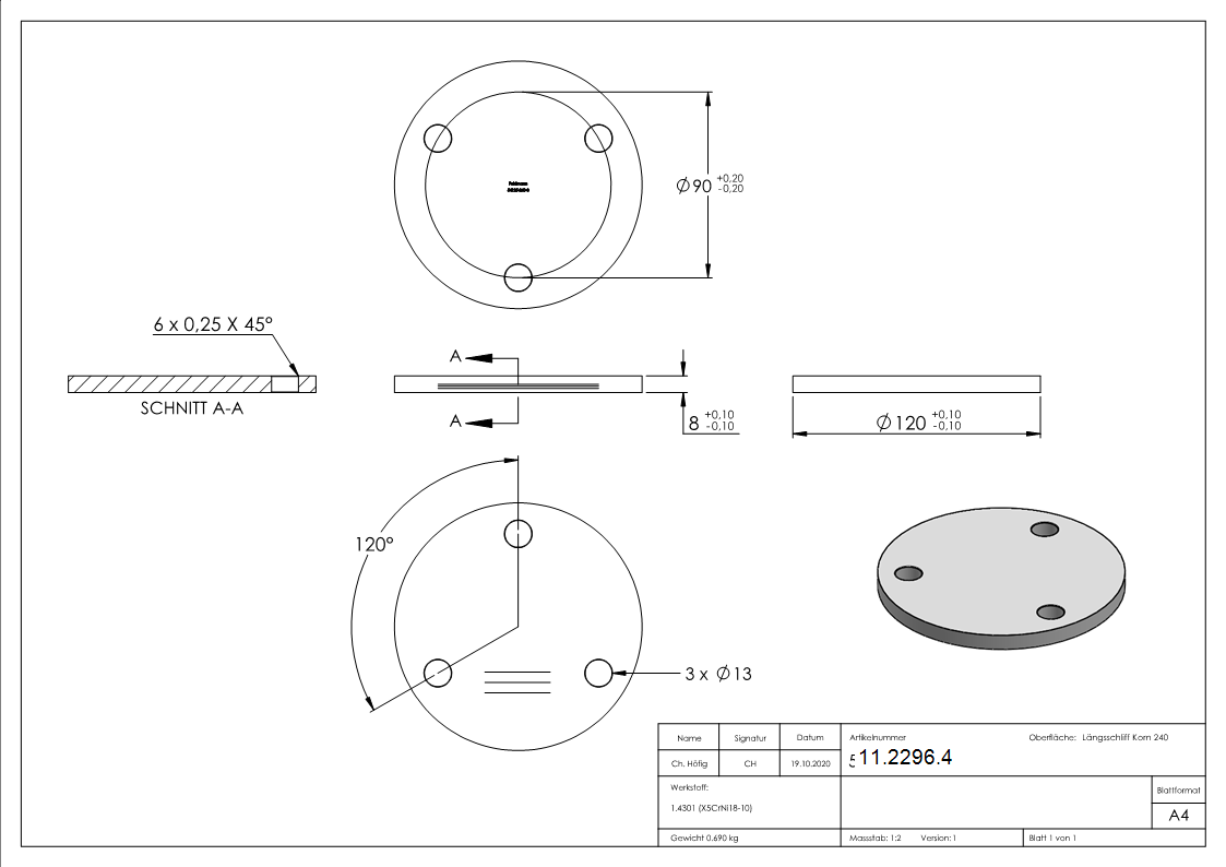 Ankerplatte Masse- Ø 120x8 mm mit 3 Bohrungen Ø 11 mm V2A-11-2296.4