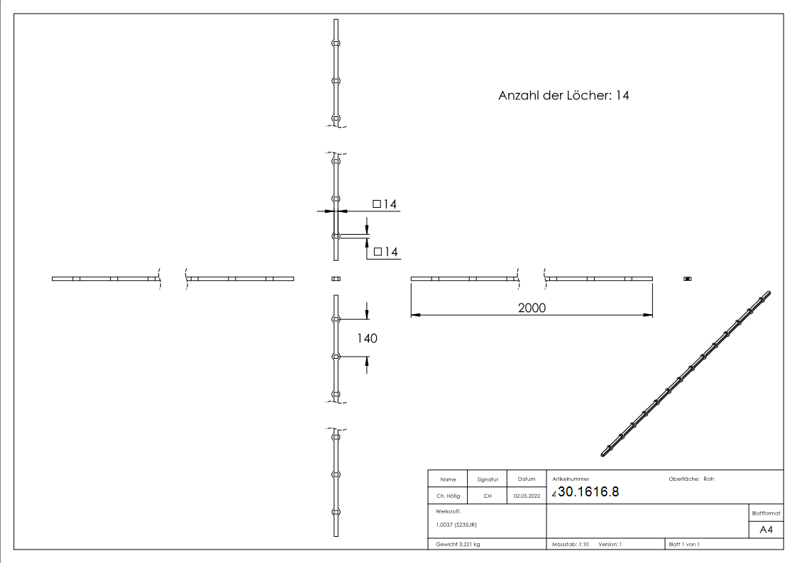 Lochleiste fuer Quadratrohr Material- 14x14 mm Laenge- 2000 mm Stahl S235JR- roh-30-1616.8