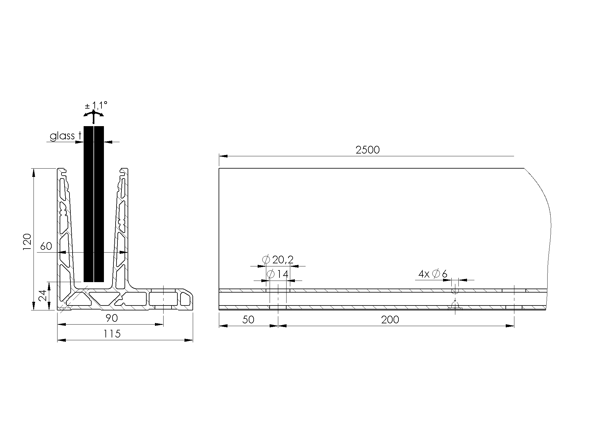 Ganzglasgelaenderprofil Aluminium 2500 mm fuer Glas 12-17-52 mm Oberverankerung-89-11AL0006UNO2500SE-A.4