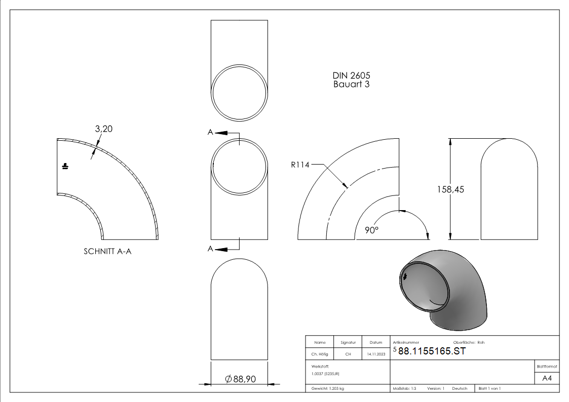 Rohrbogen 90° Stahl roh - 88-9 x 3-2 mm -3- - Bauart 3-88-1155165.ST