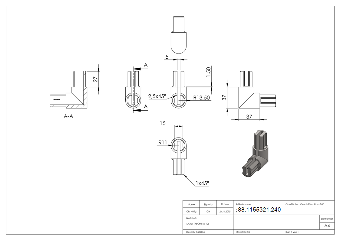 Eckverbinder Edelstahl V2A fuer Klemmprofil Ø 27 x 1-5 mm geschliffen Korn 240-88-1155321.240
