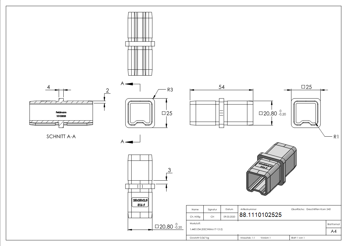 Vierkantrohrverbinder V4A 25 x 25 x 2 mm gerade-88.1110102525