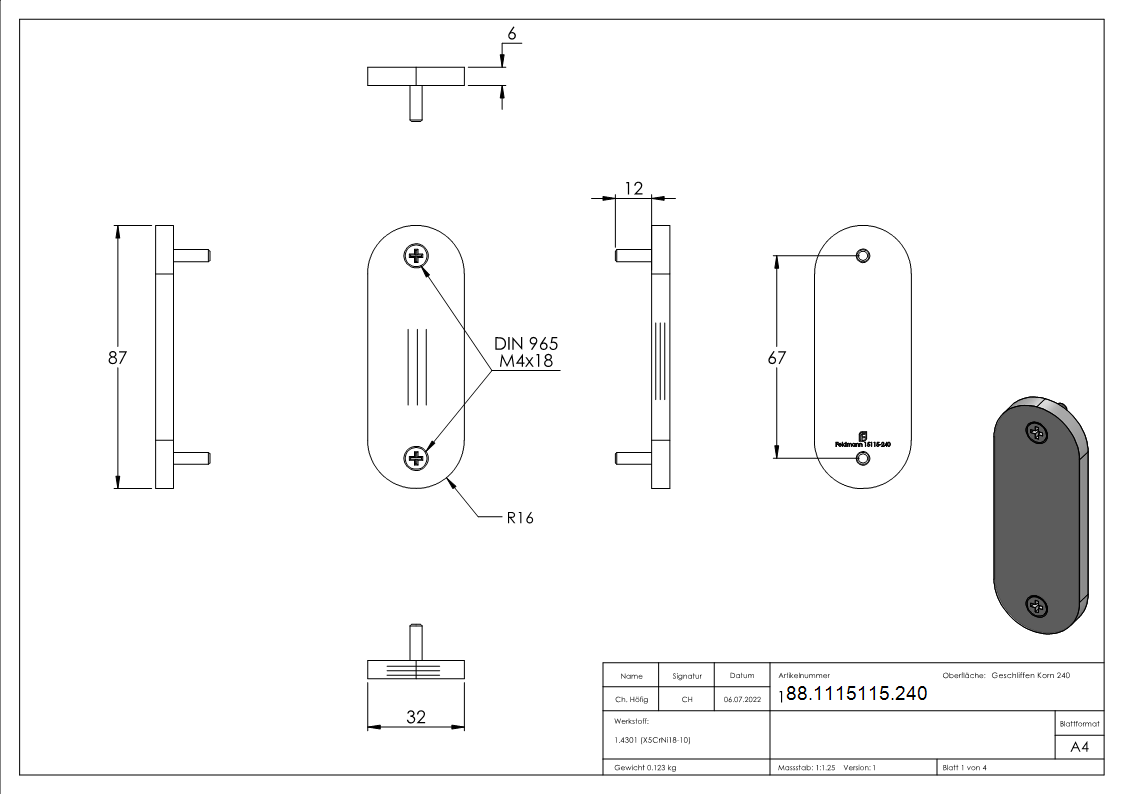 Kurzschild Edelstahl V2A 32 x 87 x 6 mm geschliffen Korn 240 blind-88-1115115.240