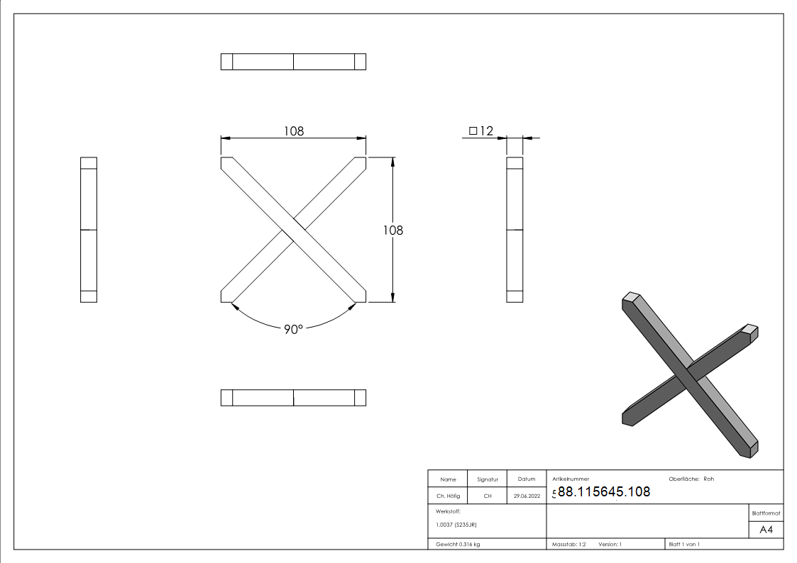 Kreuz Stahl 12 x 12 mm 108 x 108 mm glatt-88-115645.108