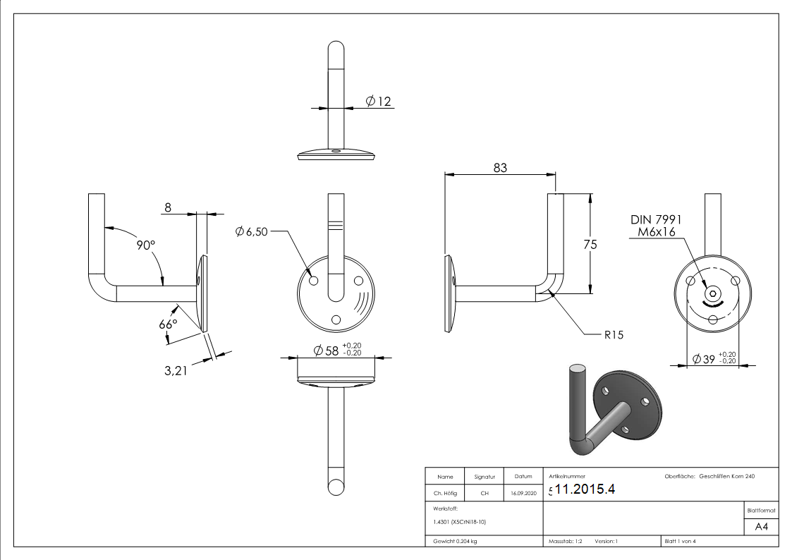 Handlaufhalter mit Ronde 58x4 mm zum Anschweissen V2A-11-2015.4