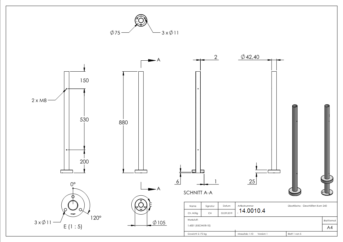 Gelaenderpfosten - fuer 2 Glasklemmen M8 - Laenge- 880 mm - V2A-14-0010.4