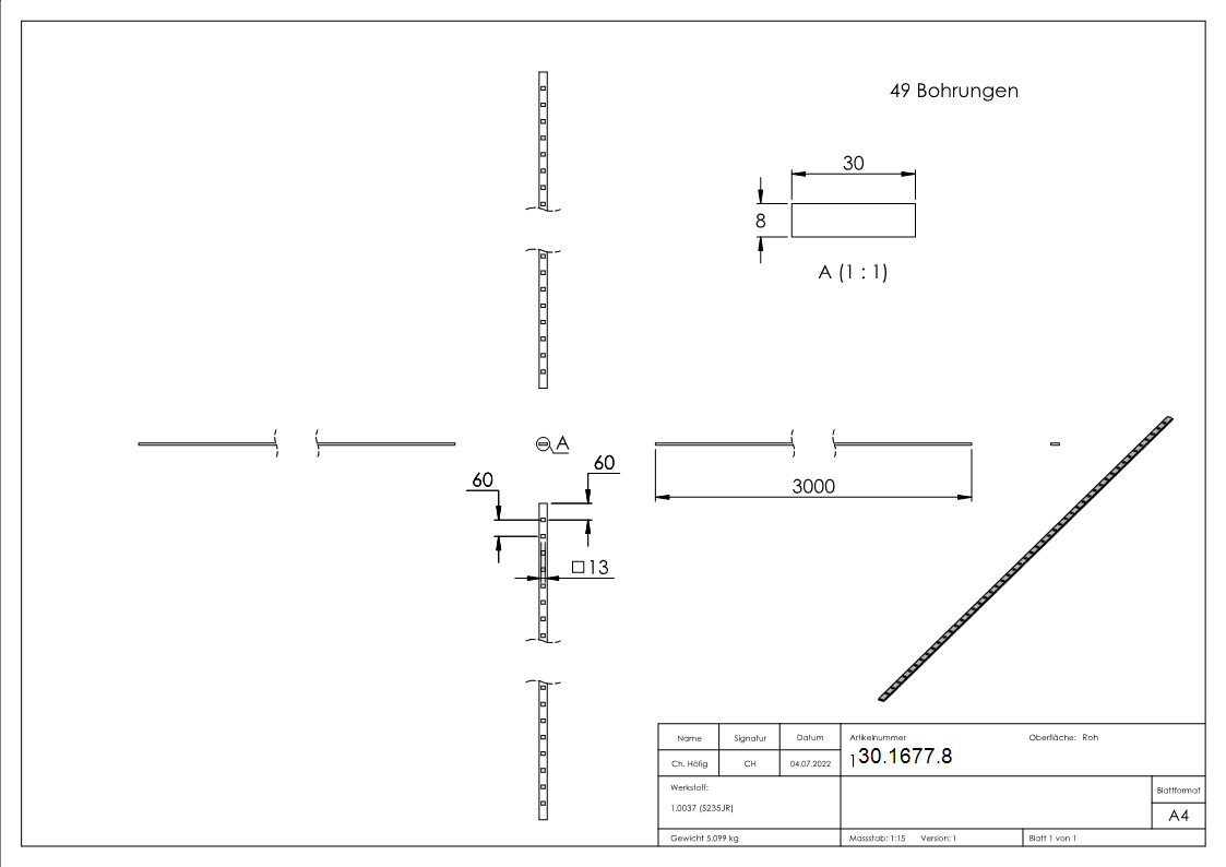 Gestanzte Stange - Masse- 30x8 mm - Laenge- 3000 mm - Stahl S235JR- roh-30-1677.8