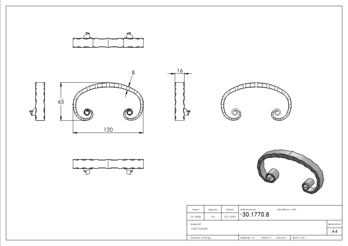 Meisterbarock - Masse- 120x65 mm - Material- 16x8 mm - Stahl S235JR- roh-30-1770.8