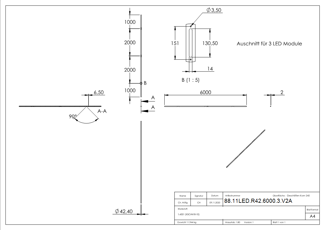 Edelstahlrohr V2A Ø 42-4 x 2-0 mm- 6000 mm fuer LED Module geschliffen-88-11LED-R42-6000-3.V2A