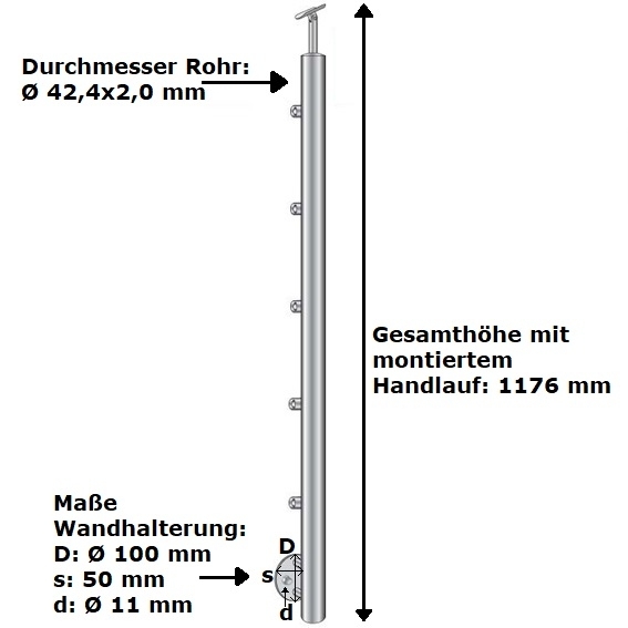 Gelaenderpfosten Edelstahl AISI 304 1000mm D42-4mm seitlich-14-0071RR-A.4