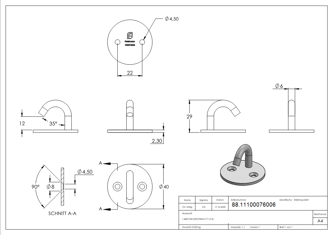 Befestigungsoese Edelstahl V4A Rundeisen Ø 6 mm mit runder Platte- 2 Bohrungen-88.11100076006